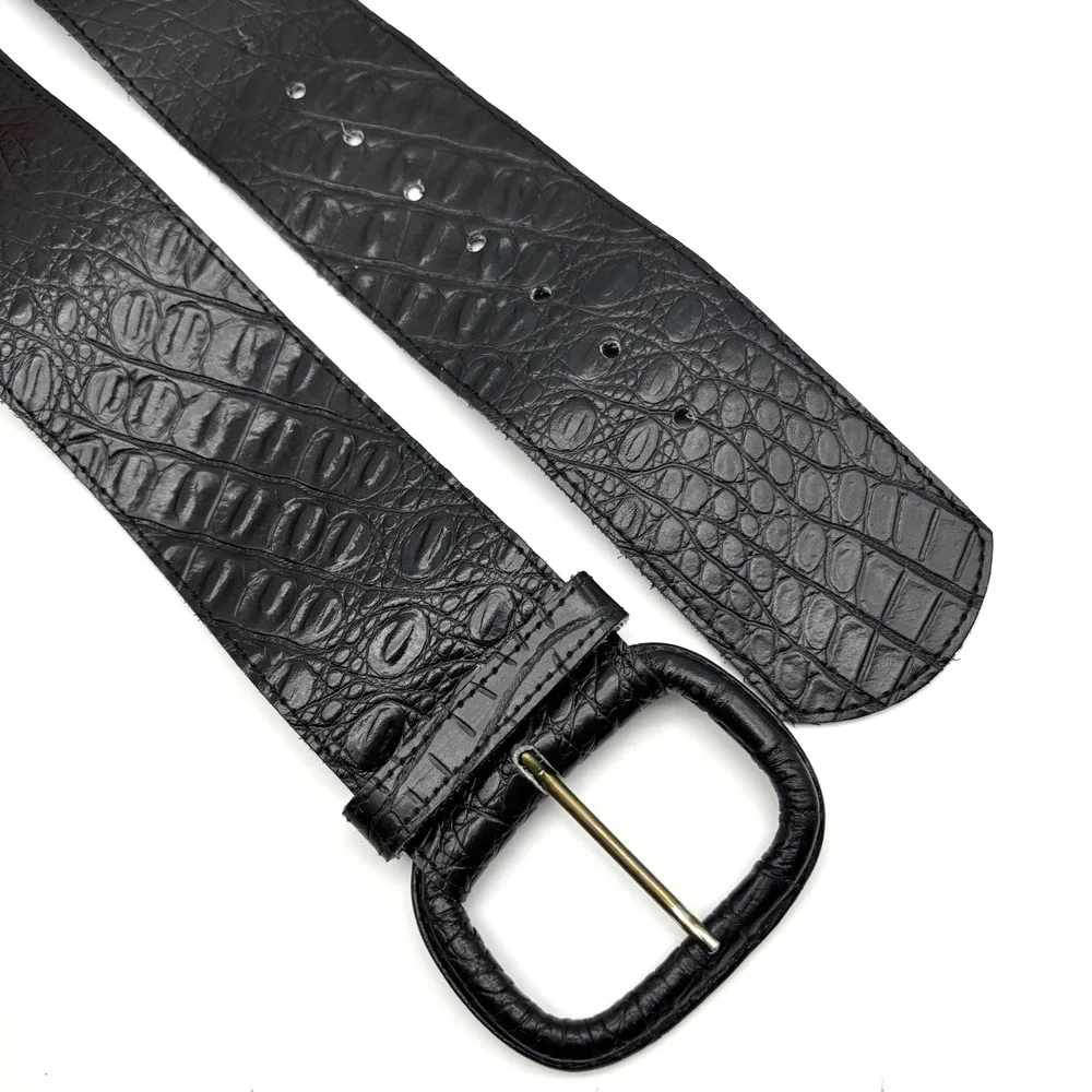Vintage 80s 9732 Black Croc Embossed Genuine Leather Wide Waist Belt 30-35